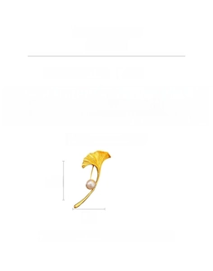 Detailed view of gold ginkgo leaf brooch with white pearl including size and weight specs