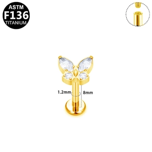 Detail of G23 titanium butterfly labret with marquise cz stones and internal threading