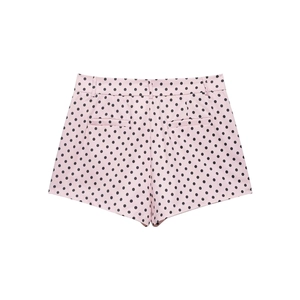 Flat lay of pink polka dot shorts with belt loops and textured fabric detail