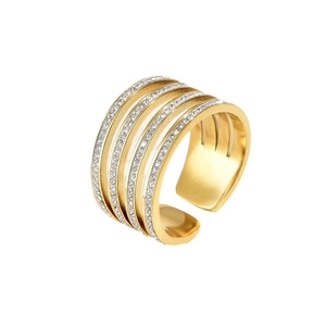 Adjustable multi-layer geometric ring in gold finish with sparkling zircon stones