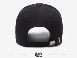Detailed back view of black baseball cap showing the adjustable metal buckle strap