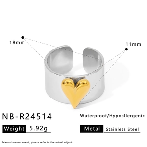 Detail view of two-tone stainless steel wide ring featuring golden heart and 18mm diameter