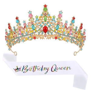 Luxurious colorful crystal crown and white Birthday Queen sash set for birthday parties