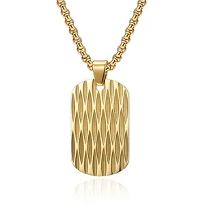 Geometric Rhombic Texture Pendant Necklace Stainless Steel Rectangular Dog Tag Hip Hop Fashion Jewelry For Men