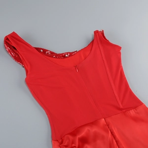 Detail of red party dress with sequin trim and invisible back zipper closure
