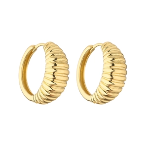 Classic golden croissant hoop earrings in twisted oval design with retro ribbed texture