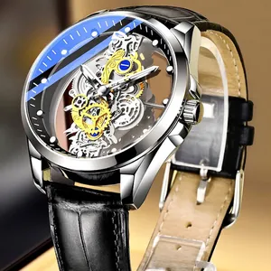 Automatic skeleton mechanical watch with silver steel case and black leather strap