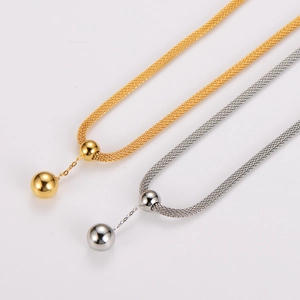 Gold and silver stainless steel mesh necklaces with round bead tassel pendants