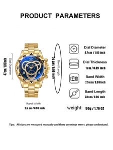 Detailed chart showing dial diameter, strap width and specs for gold steel business watch