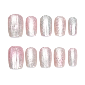 Pink aurora press-on nails with silver metallic texture and glitter finish set
