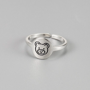 S925 Sterling Silver Cartoon Bear Open Ring Vintage Antique Finish Minimalist Adjustable Finger Ring For Women Cute Jewelry