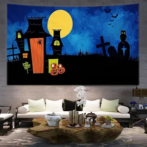 Halloween tapestry with castle, full moon and pumpkins for spooky living room wall decor