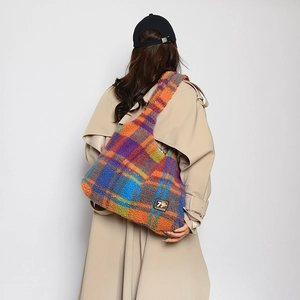 Fashionable plaid plush tote bag for women featuring colorful checkered pattern and large capacity