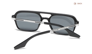 Rear angle view of classic aviator sunglasses featuring a black frame and gray lenses