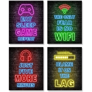 Set of four neon gaming wall art prints featuring retro bricks and controller graphics