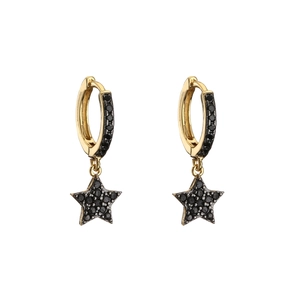 Gold star drop earrings with micro-paved black zircon stones and secure hoop closures