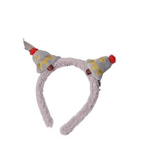 Gray plush Christmas headband with mini cone hats featuring red pom-poms and gold stars