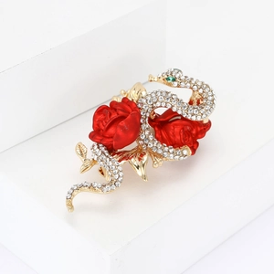 Luxury gold snake and red rose brooch with rhinestones for elegant suit jackets