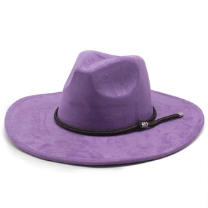 Classic purple faux suede wide brim fedora hat with brown braided band and metal buckle