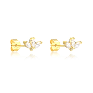 Macro shot of S925 sterling silver gold earrings with marquise-cut zircon in fish design