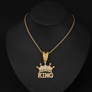 Gold plated hip hop KING necklace with crown pendant and iced out crystals on twist chain