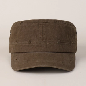 Detailed view of dark brown distressed cotton cadet cap with vintage worn-out hole details