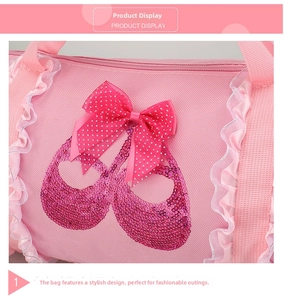 Close-up of pink ballet bag with sequined pointe shoes, satin bow and ruffle details
