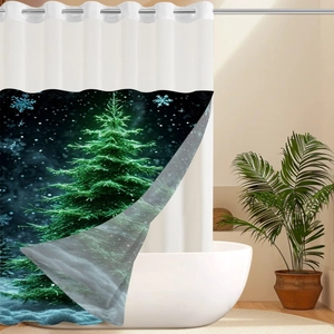 Detail showing Christmas tree print on waterproof polyester shower curtain with metal eyelets