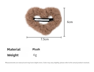 Detail view of the brown fuzzy heart hair clip showing 7.5cm dimensions and plush texture