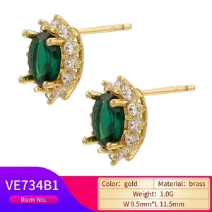 Vintage green zircon oval earrings in brass base with micropave white crystals