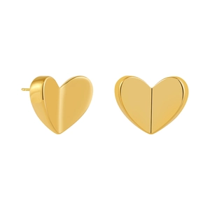 Detailed view of 18K gold heart stud earrings with cubic zirconia and melting design