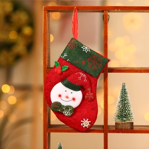 Classic red Christmas stocking with green trim and a 3D snowman for festive tree decoration