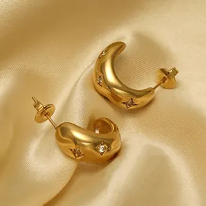 Créoles Épaisses En Acier Titane Plaqué Or 18K Avec Zircone Étoilée Accessoires De Mode Rétro Pour Femmes