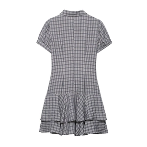 Gray and white gingham dress with shirt collar and double-layered ruffle hem design
