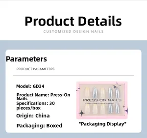 Detailed packaging view of GD34 silver glitter and beige almond press-on nail kit