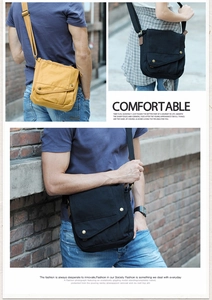 Detail of canvas messenger bag with adjustable strap in yellow and black colors