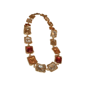 Vintage luxury gold choker necklace featuring square crystal links in amber and red