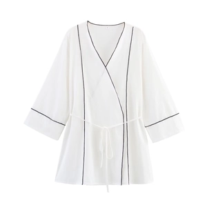 White contrast piping kimono wrap top with belted waist and long sleeves