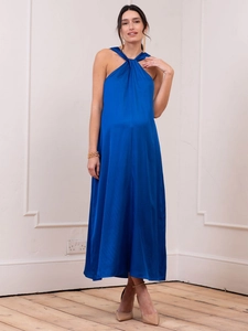 Robe de maternité élégante en satin bleu roi avec licou et une silhouette ligne A