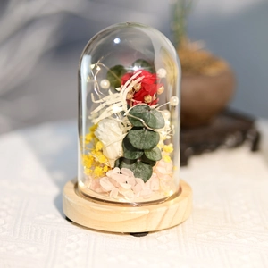 Preserved red rose in glass dome with LED lights and wooden base for romantic gifts