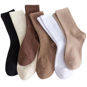 Mid-calf cotton slouch socks in six neutral colors with a vertical ribbed texture