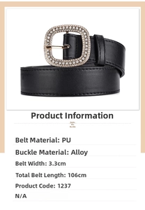 Detail of 3.3cm black PU leather belt with rhinestone square buckle and size info