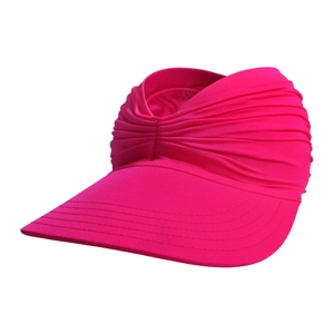 Detail of rose pink sun visor hat showing pleated texture and reinforced brim stitching