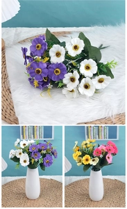 Detail of colorful artificial silk daisies in ceramic vases for home floral decoration