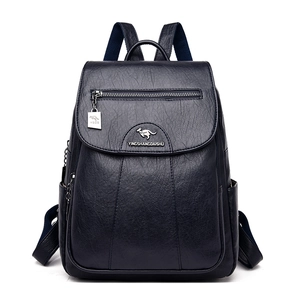 Women's black soft leather backpack with kangaroo logo and large capacity multi-pockets