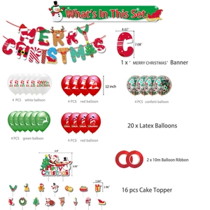Detailed set of Christmas party decorations with banners balloons and cake toppers