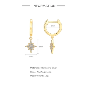 Detail view of S925 silver star earrings with 9mm hoop diameter and size specifications