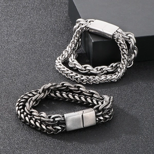Men Layered Chain Bracelet Stainless Steel Braided Wheat Cuban Link Rock Hip Hop Style Vintage Jewelry For Him