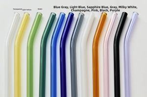 Set of 12 colorful bent glass straws in a rainbow of translucent heat-resistant shades
