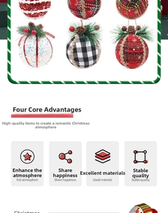 Macro detail of Christmas tree ornaments with pine cones and festive plaid fabric texture